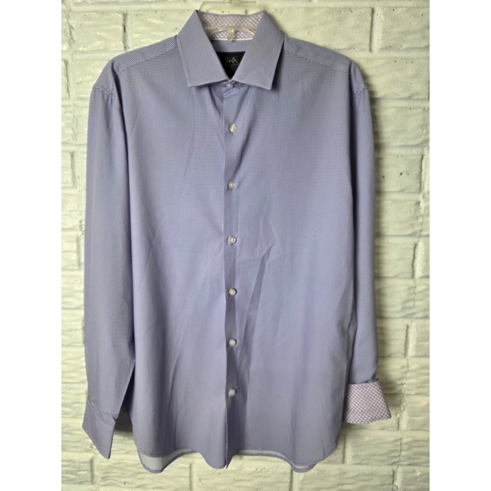 WRK Dress Shirt 15-15.5 4-Way Stretch Purple Houndstooth Button Up Flip Cuff